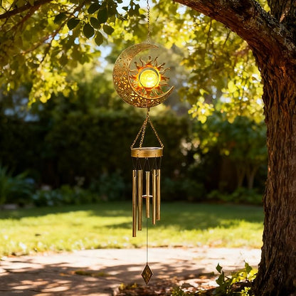 YAKii Sun Moon Solar Wind Chimes for Outside Lights Prefert Gifts for Mom Wife Unique Crackle Glass LED Warm Light Outdoor Hanging Decor Windchimes for Garden Yard Patio Christmas Birthday Mothers Day