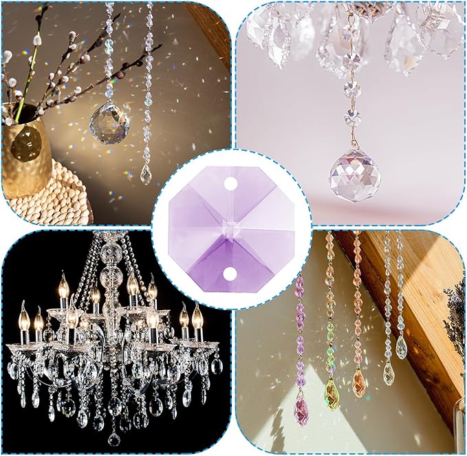 PATIKIL K9 Crystal Octagon Beads 2 Holes Pendants, 60 Pack 14mm Chandelier Prisms Parts Ornaments Hanging Beads for DIY Arts Crafts Decoration, Light Purple