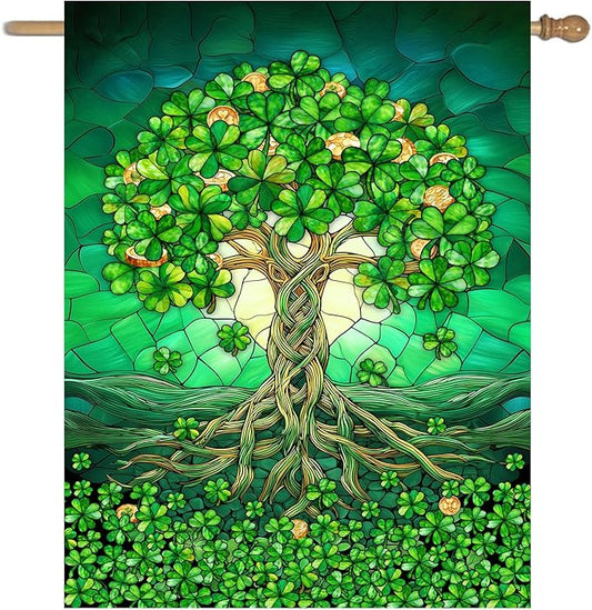 St Patricks Day House Flags 28 x 40 Double Sided Outside Shamrock Clover Tree Life Garden Decor Welcome Holiday Yard Signs for Saint Patrick Spring Outdoor Decorative