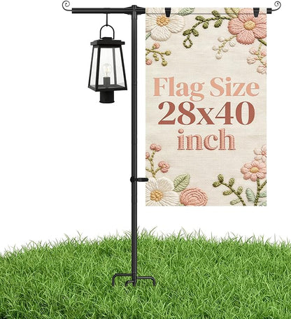 Garden Flag Stand Holder with Shepherd Hooks for 28 x 40 Flag, 63 Inch Height with 3/4 Inch Extra Thick Heavy Duty Garden Flag Pole with 4 Prong Base for Outside Home Yard Patio Decor