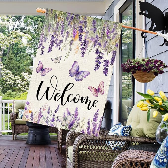 Baccessor Spring Summer Flower House Flag Lavender Butterfly Floral Welcome Yard Burlap Double Sided Vertical Seasonal Farmhouse Wedding Yard Outdoor Decoration 28x40 Inch（large）