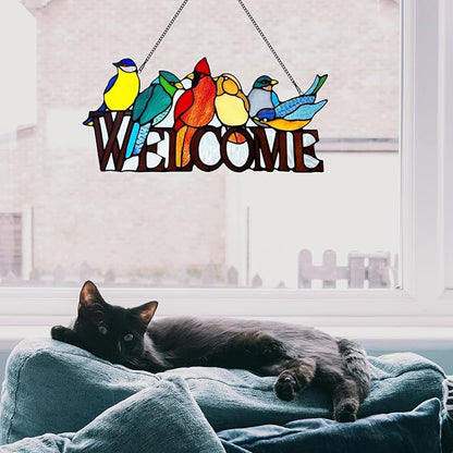 6 Birds Stained Glass Welcome Sign for Front Door Window Hanging Suncatcher, Handmade Tiffany Style Outdoor Welcome Signs Decor Gifts for Mom, Women, Bird Lovers, Bless This Home