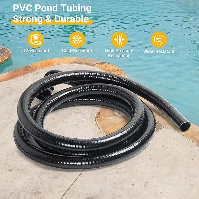 Pond Tubing ID 1” × 10ft Black Corrugated Flexible Reinforced Waterfall Pond Tube Sump Pump Hose, with 2 Stainless Steel Hose Clamps, for Garden Ponds, Waterfalls, Filter