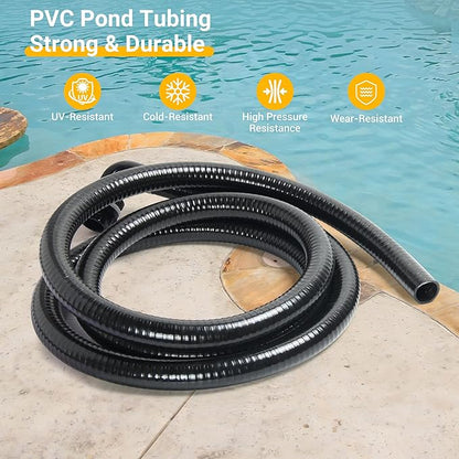 Pond Tubing ID 1” × 10ft Black Corrugated Flexible Reinforced Waterfall Pond Tube Sump Pump Hose, with 2 Stainless Steel Hose Clamps, for Garden Ponds, Waterfalls, Filter