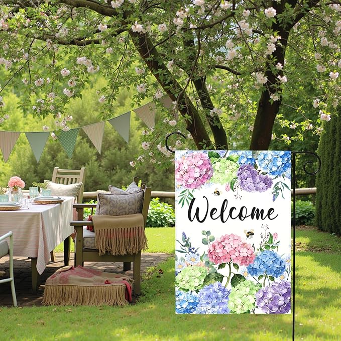 Welcome Hydrangea Garden Flag Spring Summer Colorful Floral Yard Flags Watercolor Flowers Bee Design Seasonal Porch Durable Polyester House Banners for Lawn Patio Outdoor Decor 12 x 18 Inch