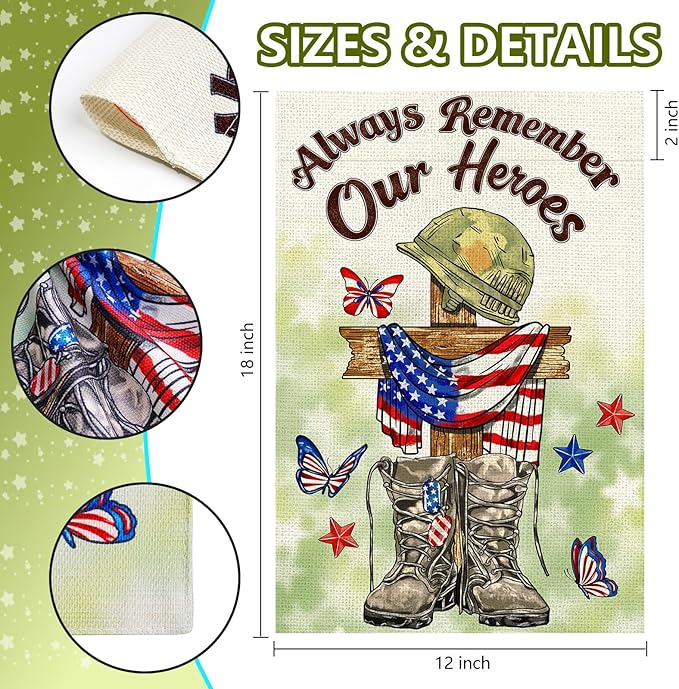 Memorial Day Garden Flag 12x18 Inch, Always Remember Our Heroes Double Sided Patriotic Flag for Yard Outdoor Decoration