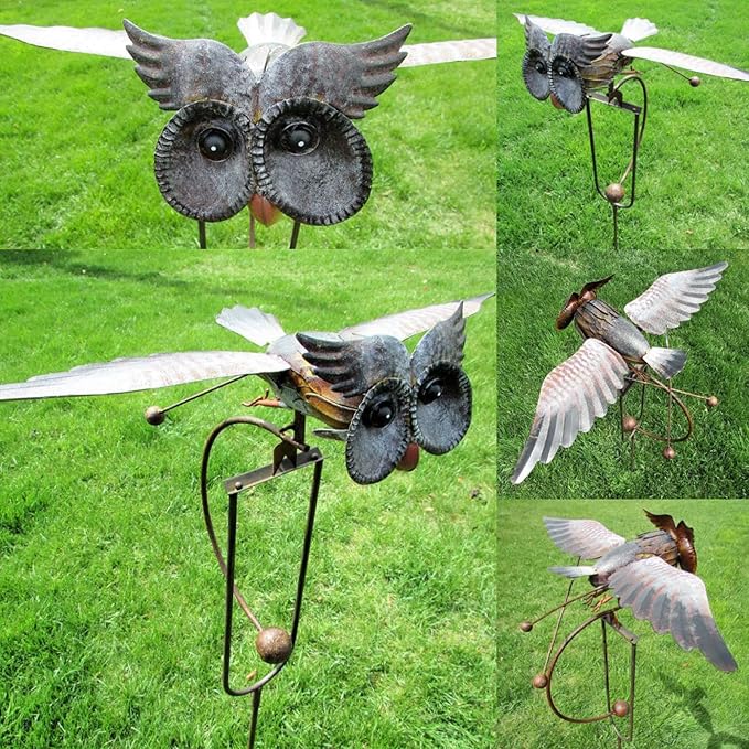 Metal Swinging Owl Wind Spinner for Yard and Garden Decor, Outdoor Metal Windmill Art Deco, Lawn Decorations Wind Sculpture and Spinner, Garden Stake Decorative Kinetic Sculpture