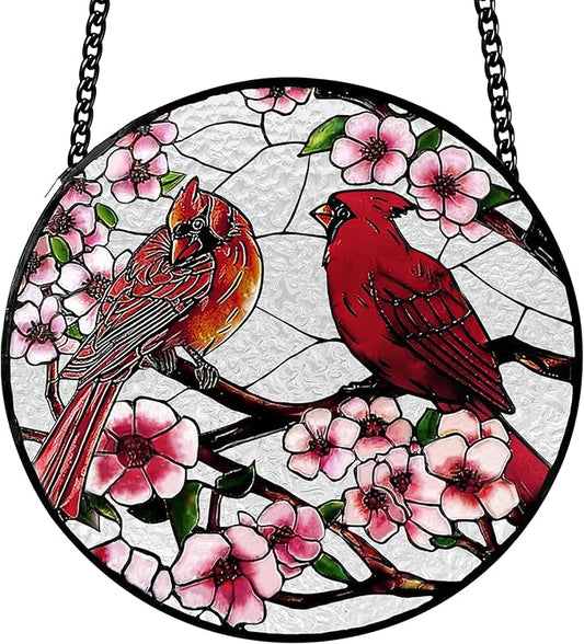 Stained Glass Window Hanging, Cardinal Sun Catchers Glass Panel Red Suncatcher Decor for Wife, Women, Men, Birthday, Aunt, Mom, Lovers, Home Garden 7.8 in