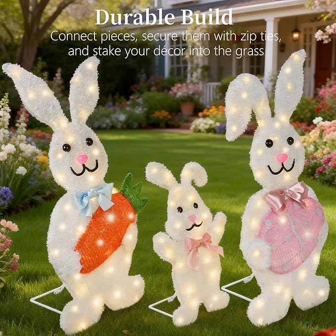 Outdoor Lighted Easter Bunny Yard Decorations, Metal Bunny Family Set of 3, Plug-in Pre-Lit LEDs for Lawn Garden Front Porch