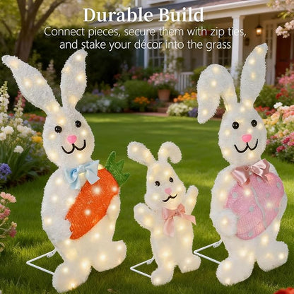 Outdoor Lighted Easter Bunny Yard Decorations, Metal Bunny Family Set of 3, Plug-in Pre-Lit LEDs for Lawn Garden Front Porch