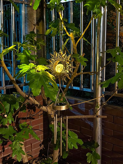 Sun Solar Wind Chimes for Outside Lights Prefert Gifts for Mom Wife Unique Crackle Glass LED Warm Light Outdoor Hanging Decor Windchimes for Garden Yard Patio Christmas Birthday Mothers Day