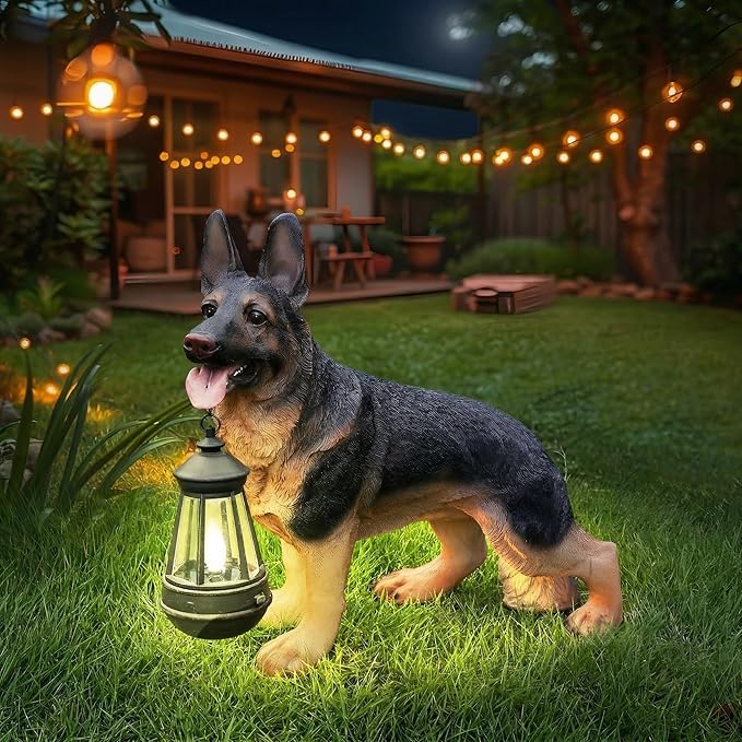 German Shepherd Garden Statue with Solar Lantern, Realistic Dog Sculpture for Yard Art, Birthday Gift for Women Mom Grandma, Housewarming Gift for New Home, Outdoor Resin Puppy Figurine