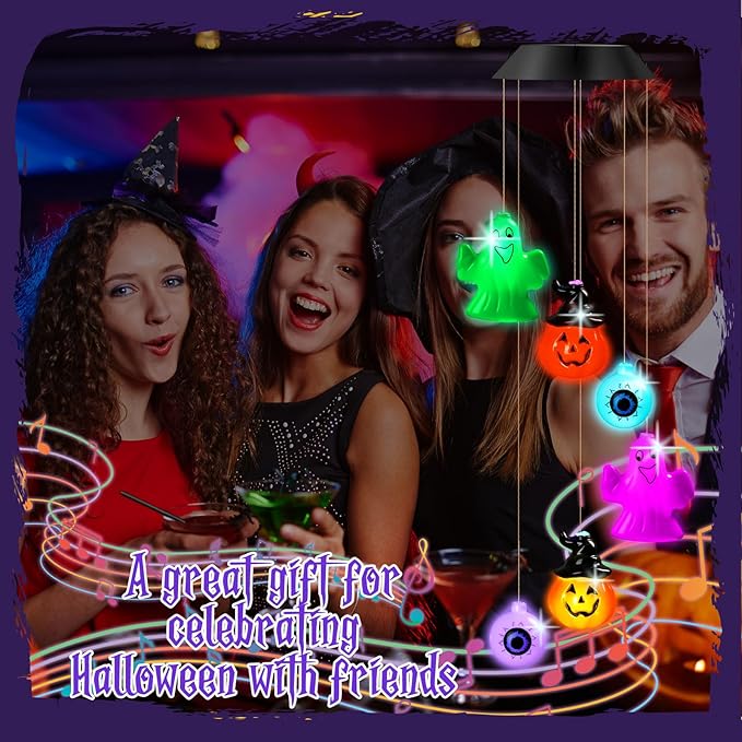 GlikCeil Halloween Solar Wind Chimes 27.5Inch Halloween Decorations Outside Waterproof Hanging LED for Yard, Porch, Patio, Party, Color Changing Eyeballs Ghost Lights(Mixed)