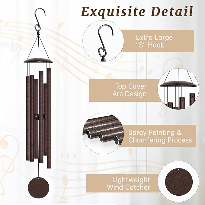 Large Aluminium Wind Chimes 38" with Classic Sound, Coolest Metal Windchimes Outdoors with Pine Wood Striker, Unique Gift for Mom, Garden Decoration(38" Brown)