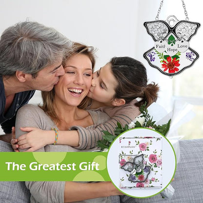KY&BOSAM Angel Suncatcher Faith Hope Love Stained Glass Suncatchers for Windows Hangings Wind Chimes with Pressed Real Flowers and Heart Charm Engraved Birthday Gifts for Mom Mothers Day Christmas