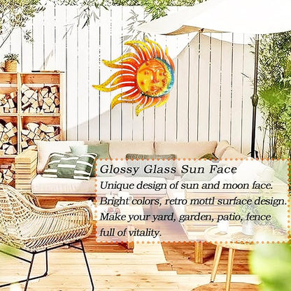 Metal Sun Moon Wall Art Decor, 12 Inch Retro Hanging Decor With Glass, Flame Sun Valentine Wall Decorations For Patio Yard Garden Fence Living Room Bedroom