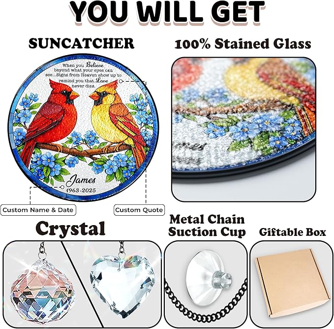 Personalized Cardinal Stained Glass Suncatcher Memorial, Custom Red & Yellow Cardinals Window Hanging with Crystal, Sympathy Gifts for Loss of Loved One, Memorial Day for Mom, Dad, Grandparent