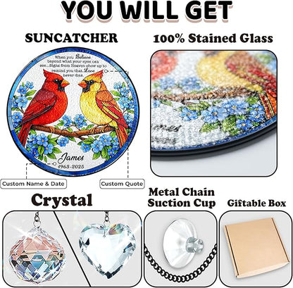Personalized Cardinal Stained Glass Suncatcher Memorial, Custom Red & Yellow Cardinals Window Hanging with Crystal, Sympathy Gifts for Loss of Loved One, Memorial Day for Mom, Dad, Grandparent