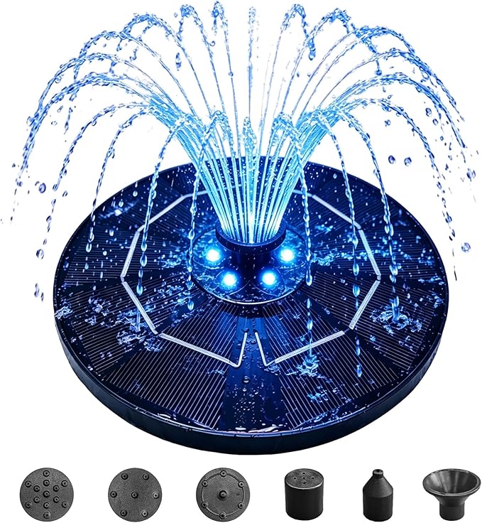 Solar Bird Bath Fountain with LED Lights – 6.3" Floating Solar Fountain Pump with Battery Backup | 9V/2W Powerful Water Spray, 5 Nozzles, for Bird Bath, Pond, Garden & Outdoor Decor