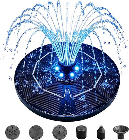Solar Bird Bath Fountain with LED Lights – 6.3" Floating Solar Fountain Pump with Battery Backup | 9V/2W Powerful Water Spray, 5 Nozzles, for Bird Bath, Pond, Garden & Outdoor Decor