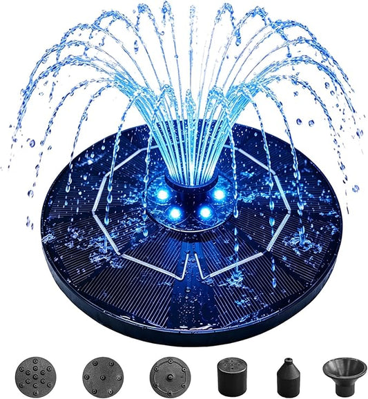 Solar Bird Bath Fountain with LED Lights – 6.3" Floating Solar Fountain Pump with Battery Backup | 9V/2W Powerful Water Spray, 5 Nozzles, for Bird Bath, Pond, Garden & Outdoor Decor