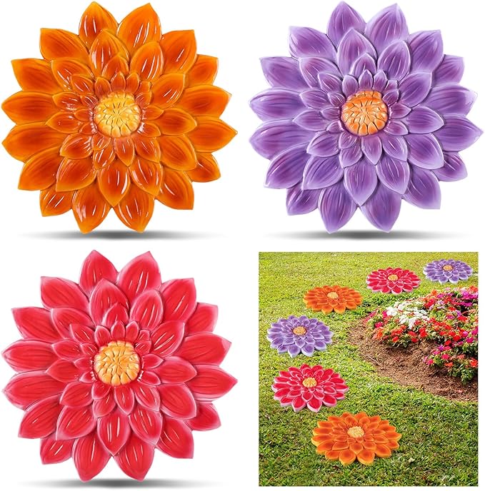 Cinnvoice 3 Pack Garden Stepping Stone Outdoor, Decorative Dimensional Resin Stepping Stones for Patio Pathway Landscaping Walkway Sculpture Yard Backyard Lawn(Dahlia,10 Inches)