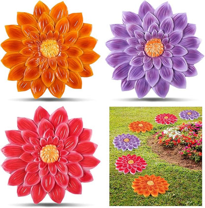 Cinnvoice 3 Pack Garden Stepping Stone Outdoor, Decorative Dimensional Resin Stepping Stones for Patio Pathway Landscaping Walkway Sculpture Yard Backyard Lawn(Dahlia,10 Inches)