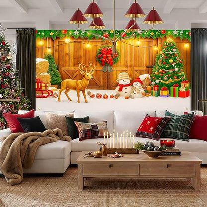 HOMETITUTE Christmas Garage Entryway Banner 13x6ft Rustic Wooden Entryway Scene with Reindeer Snowman Xmas Tree Gift Boxes Pinecones PumpkinsLights Outdoor Holiday Display Backdrop