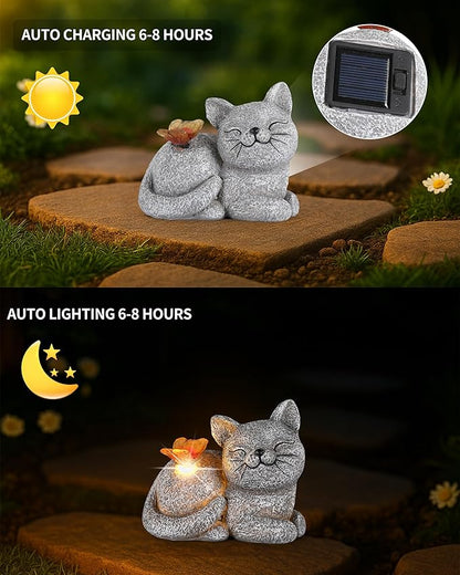 GoGnome Solar Cat Garden Statue with Butterfly Light – 5-Inch Outdoor Resin Figurine for Yard, Patio, Balcony – Gifts for Women, Garden Decor Accent (Cat)