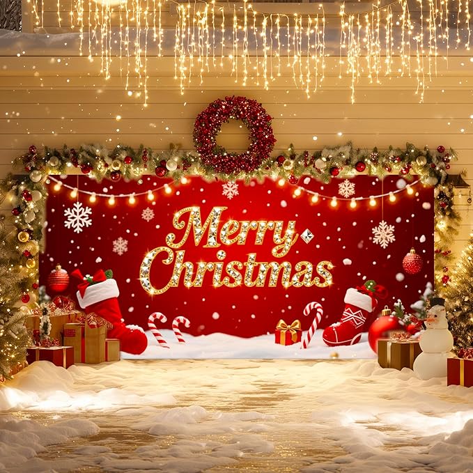 IVN Christmas Garage Door Cover Decoration 13x6ft Red Stockings Candy Canes Snowflakes Ornaments Merry Christmas Winter Garage Door Banner Home Door Front Yard Decor for Xmas Eve Holiday Outdoor
