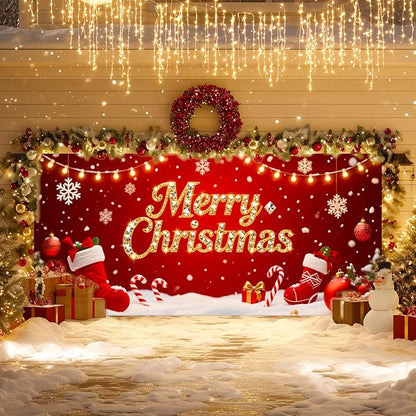 IVN Christmas Garage Door Cover Decoration 13x6ft Red Stockings Candy Canes Snowflakes Ornaments Merry Christmas Winter Garage Door Banner Home Door Front Yard Decor for Xmas Eve Holiday Outdoor