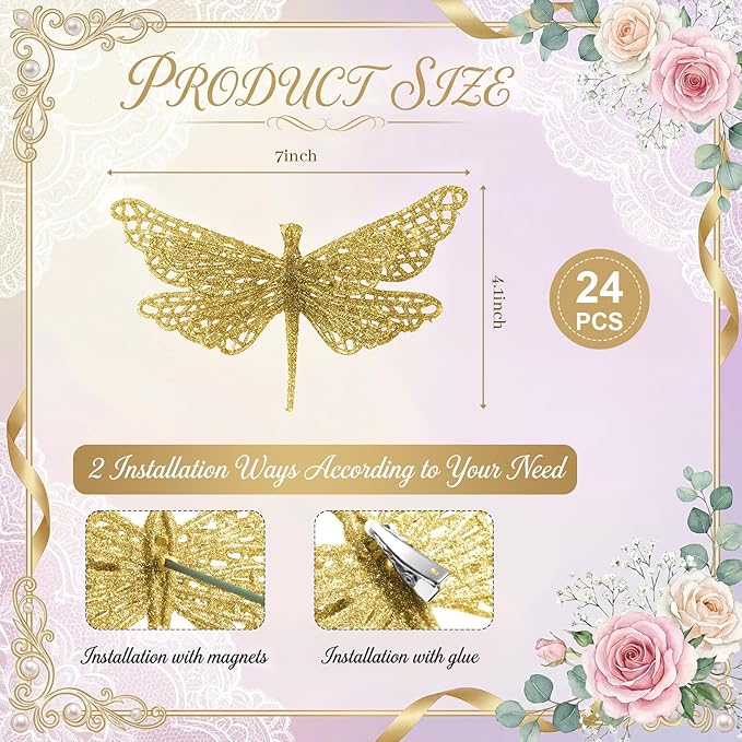 24 Pcs Glitter Dragonfly Decorations, Gold 3D Dragonfly Wall Decor with Clips Stem for Spring Summer Garden Party Wedding, Glitter Dragonflies for Floral Arrangement DIY Craft