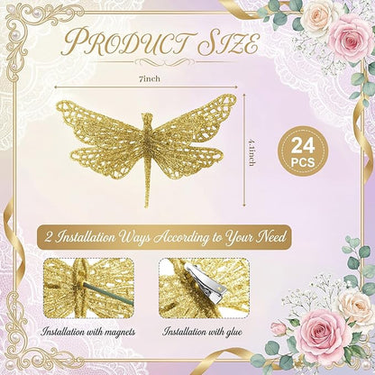24 Pcs Glitter Dragonfly Decorations, Gold 3D Dragonfly Wall Decor with Clips Stem for Spring Summer Garden Party Wedding, Glitter Dragonflies for Floral Arrangement DIY Craft