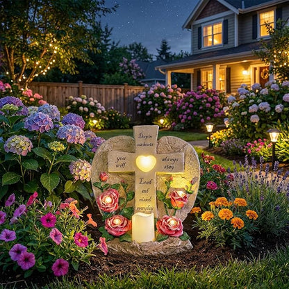 ZQQLITE Solar Lights for Cemetery Memorial Cross Statue with LED Lights & Roses Gift for Loss of Loved One, Garden Grave Markers Decor