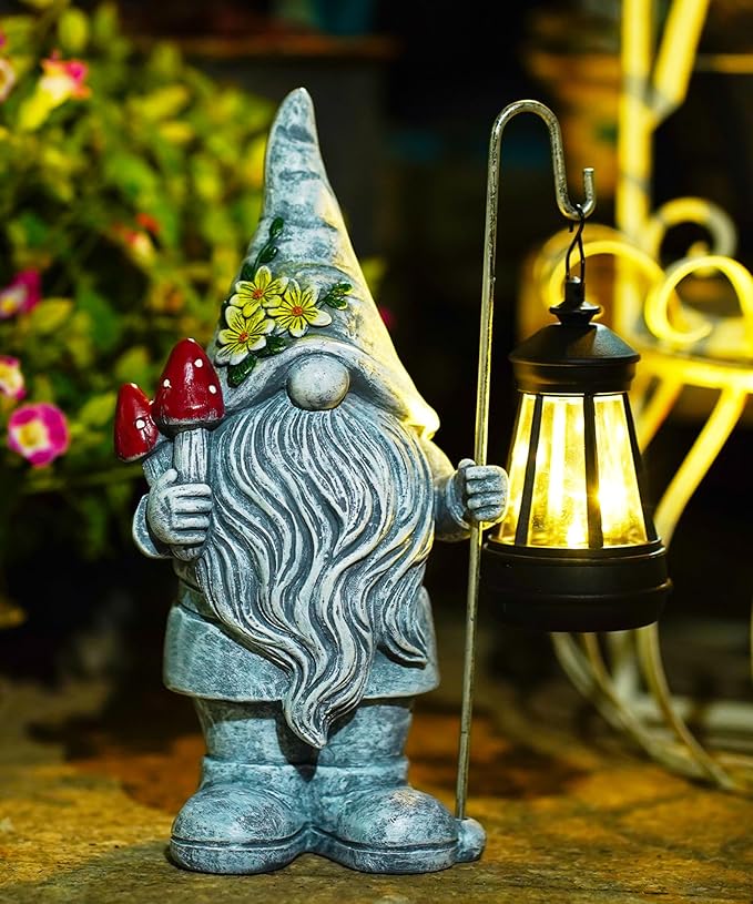 Garden Gnome with Solar Lantern: Outdoor Statue Decorations for Home Yard Lawn Balcony Patio Porch - Mothers Day Gifts for Mom Women Grandma
