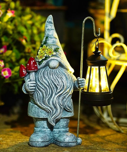 Garden Gnome with Solar Lantern: Outdoor Statue Decorations for Home Yard Lawn Balcony Patio Porch - Mothers Day Gifts for Mom Women Grandma