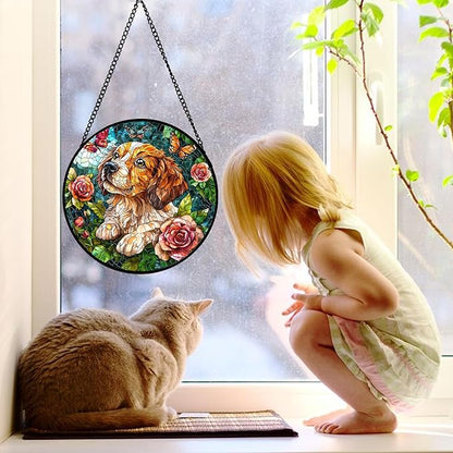 DASTOLL Stained Glass Window Hanging, Dog and Rose Suncatcher for Doors Home Butterfly Sun Catchers Decoration and Christmas, Mother's Day Birthday Gifts for Women, Men, and Mom 6.3 in