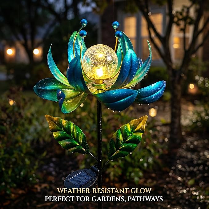 Solar Wind Spinner Outdoor Metal - Kinetic Lotus Flower Garden Sculptures & Spinners with Crackle Glass Lighting, 360° Spinning Yard Art Decor for Patio, Lawn, Pathway, Gifts for Women
