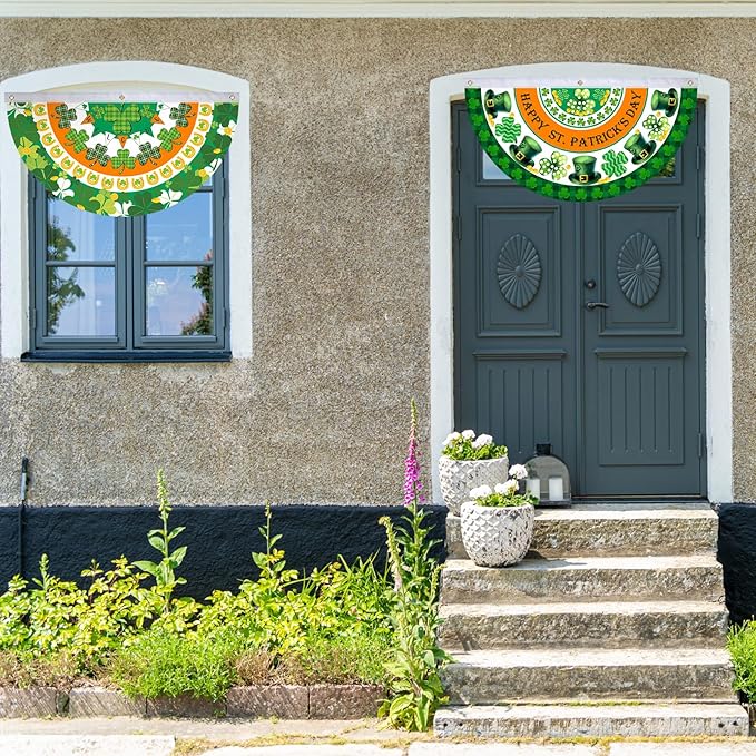 6 Pcs St. Patrick Day Bunting Fan Flag Irish Shamrock Clover Bunting Flag Happy St. Patrick Day Garden Half Fan Banner Decoration Holiday Indoor Outdoor Yard Decor, 1.5 x 3 ft