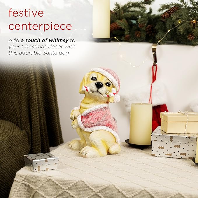 Alpine Corporation 11" Tall Indoor/Outdoor Christmas Golden Labrador Puppy Statue with Santa Hat and Candy Cane, Holiday Decoration for Porch, Tabletop, or Entryway