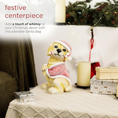 Alpine Corporation 11" Tall Indoor/Outdoor Christmas Golden Labrador Puppy Statue with Santa Hat and Candy Cane, Holiday Decoration for Porch, Tabletop, or Entryway