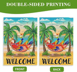 Welcome Summer Parrot Bird Decorative House Flag, Beach Coastal Tropical Palm Tree Garden Yard Outside Decorations, Hawaii Sunset Nautical Seasonal Outdoor Large Home Decor Double Sided 28 x 40