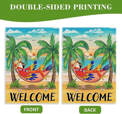 Welcome Summer Parrot Bird Decorative House Flag, Beach Coastal Tropical Palm Tree Garden Yard Outside Decorations, Hawaii Sunset Nautical Seasonal Outdoor Large Home Decor Double Sided 28 x 40