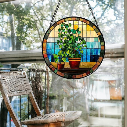 Stained Glass Window Hanging Green Potted Plants 7.8" - Suncatcher Door Garden Sun Catcher Retro Home Decor Birthday Christmas for Mom Men Woman Nana Friend