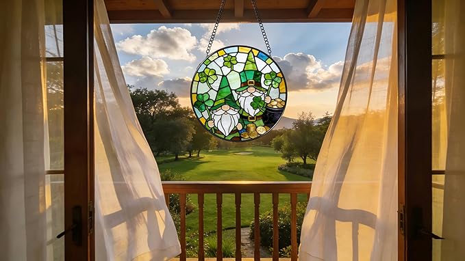 Funoasis Stained Glass Window Hanging Suncatcher - 6.3 Inches St. Patrick's Day Gnome Clover and Gold Coin Ornaments Sun Catcher Home Decor Spring Decoration