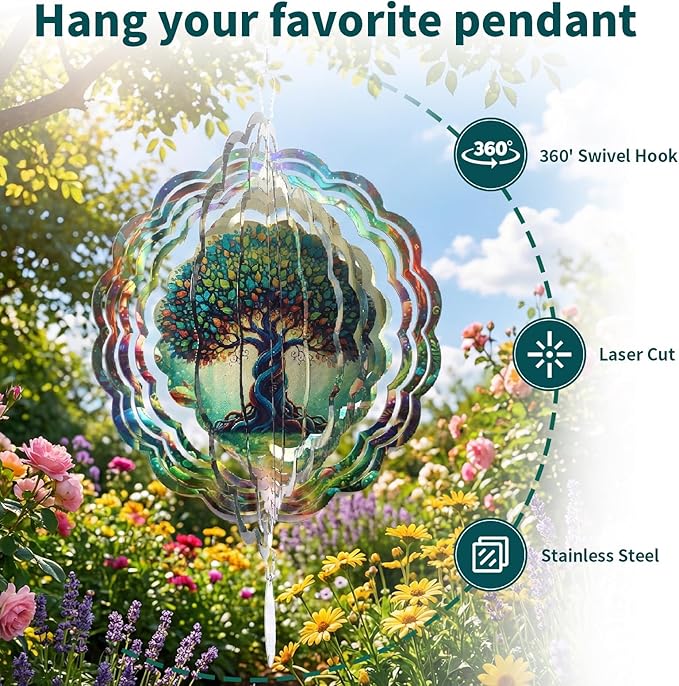 Tree of Life Wind Spinners Outdoor, 12In Stainless Steel Wind Spinners Outside, 3D Kinetic Hanging Sculpture, Rustproof Metal Garden Decor Ornaments for Yard Art, Women, Men, Holidays
