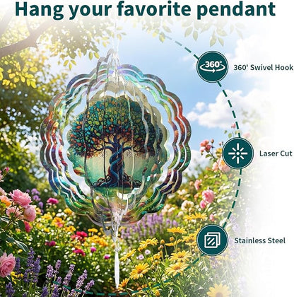 Tree of Life Wind Spinners Outdoor, 12In Stainless Steel Wind Spinners Outside, 3D Kinetic Hanging Sculpture, Rustproof Metal Garden Decor Ornaments for Yard Art, Women, Men, Holidays