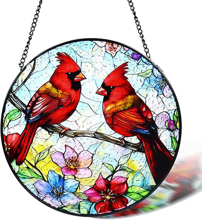 Stained Glass Window Hanging, 8 in Cardinal Sun Catchers, Diamond Glass Panel Landscape Suncatcher for Home Decor - Gift for Bird Lovers Women Mother's Day Christmas