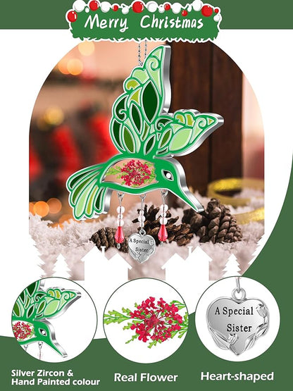 KY&BOSAM Hummingbird Suncatcher A Special Sister Hangings Ornament Home Decor for Windows Wind Chime with Pressed Real Flower and Metal Heart Charm Birthday Gifts for Women Mothers Day Christmas