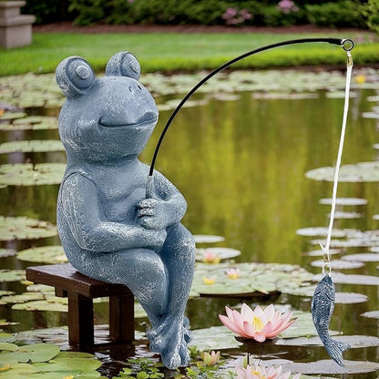 9.5" Fishing Frog Stone Look Sculpture, Whimsical Lawn Yard Art, Funny Garden Pond Fisherman Statue, Resin Animal Decorative Figurine, Ideal for Frog Fishing Lovers